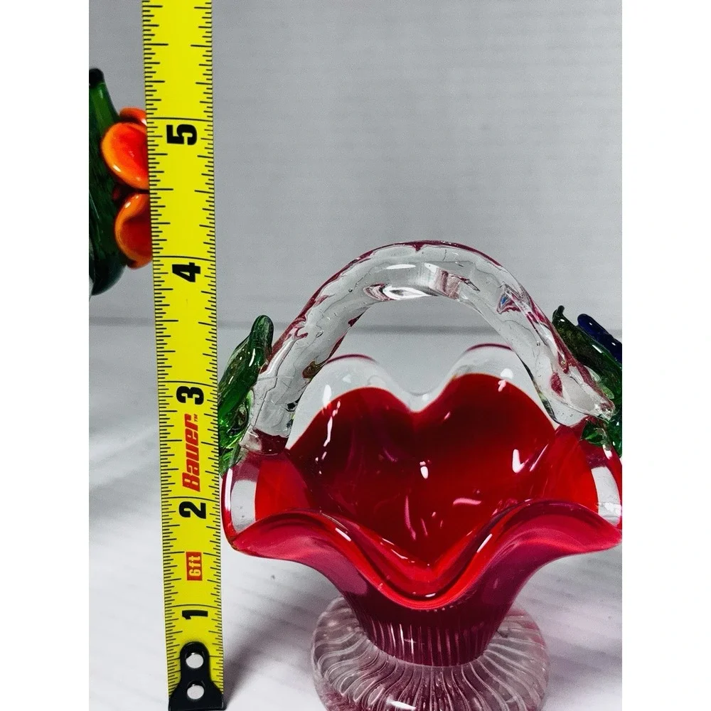 Vintage Murano Style Art Glass Basket Set Blue Red Pedestal Bowls Floral Handles